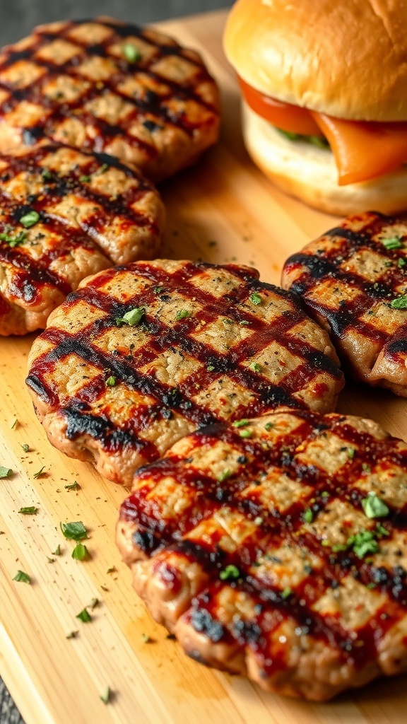 Grilled hamburger patties seasoned with spices on a wooden board with fresh herbs.